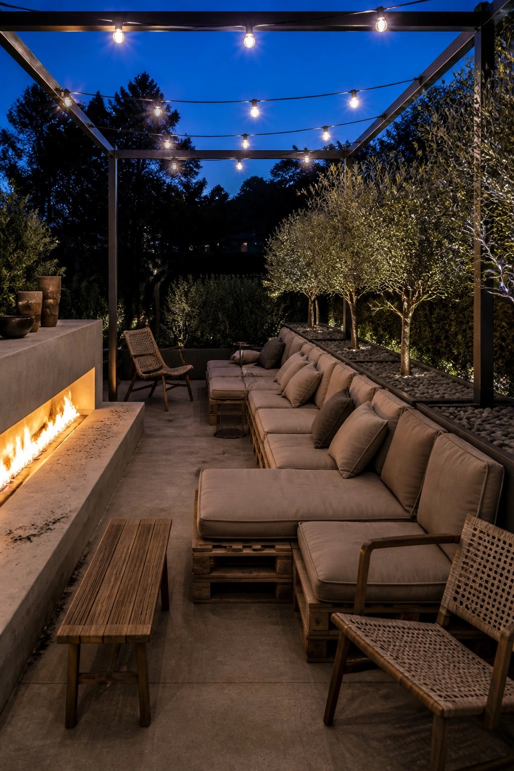 An outdoor lounge area at dusk featuring modular seating built on wooden pallets with beige cushions, arranged beside a linear fire feature under a pergola with string lights.
