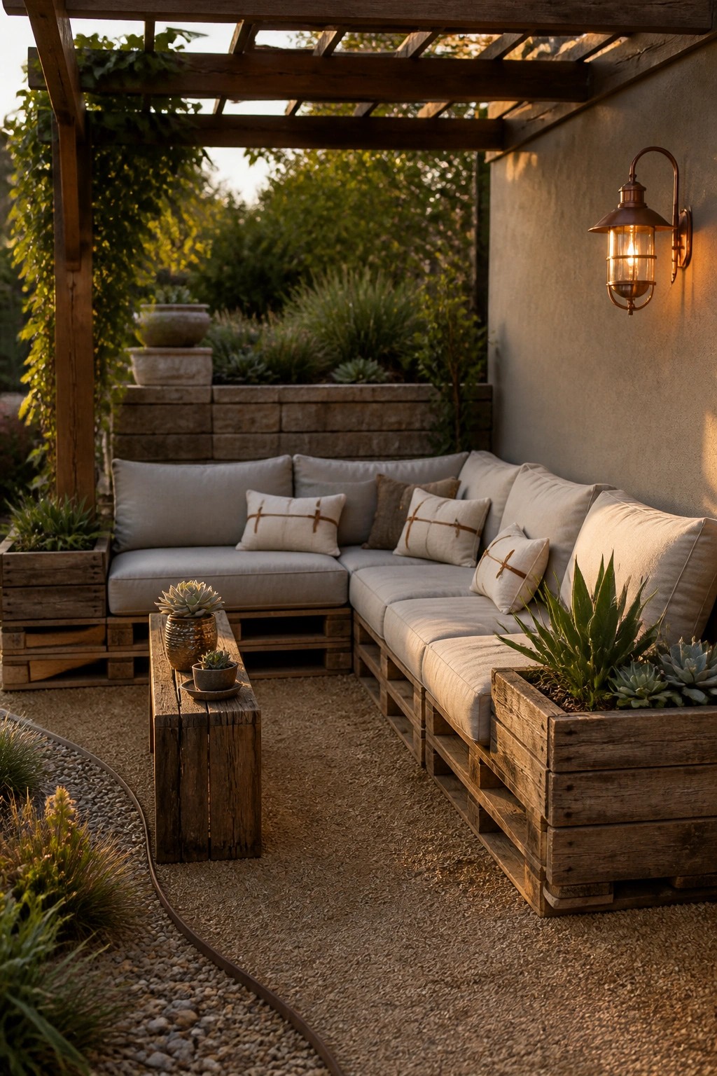 Outdoor pallet sofa in an L-shape with neutral cushions, wooden coffee table, and potted succulents on a gravel patio under a pergola.