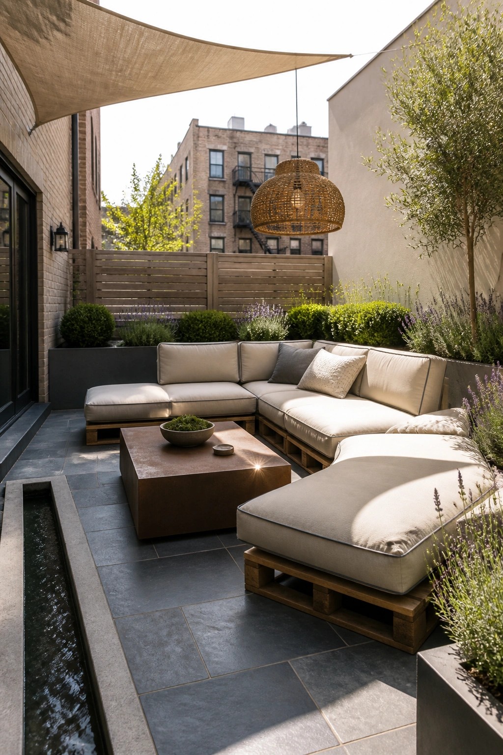 An outdoor courtyard shows a large modular sectional sofa built on wooden pallets with beige cushions, a metal coffee table, a hanging woven light, and a narrow water channel along one side.