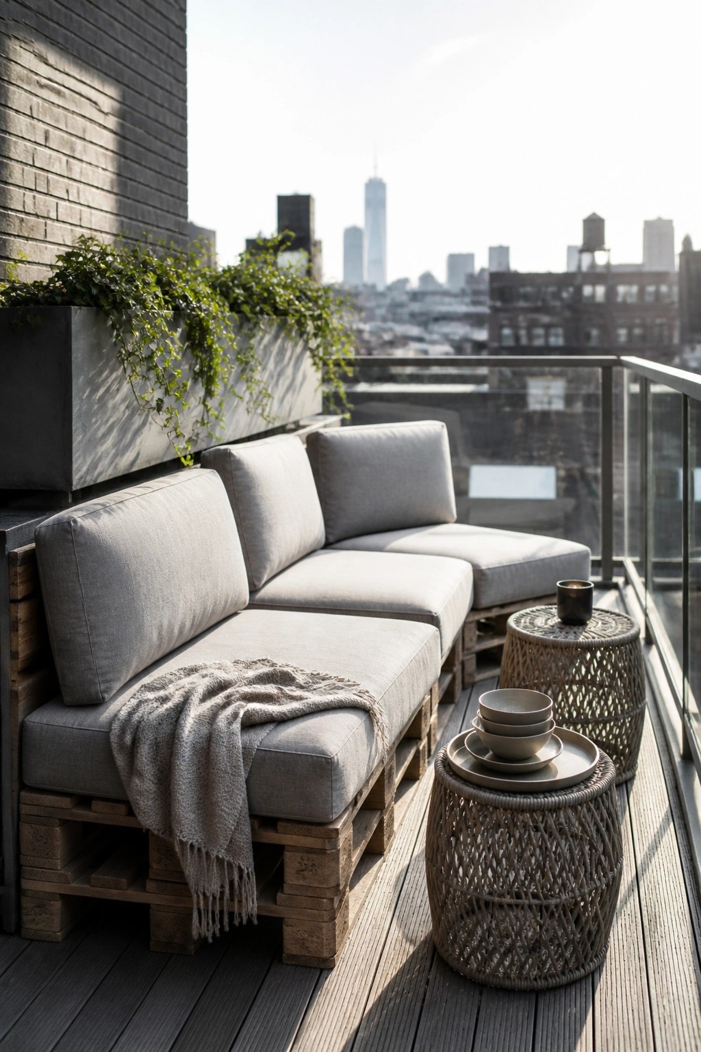 A modular sofa made from wooden pallets with gray cushions sits on a balcony deck beside woven side tables, with a city skyline in the background.
