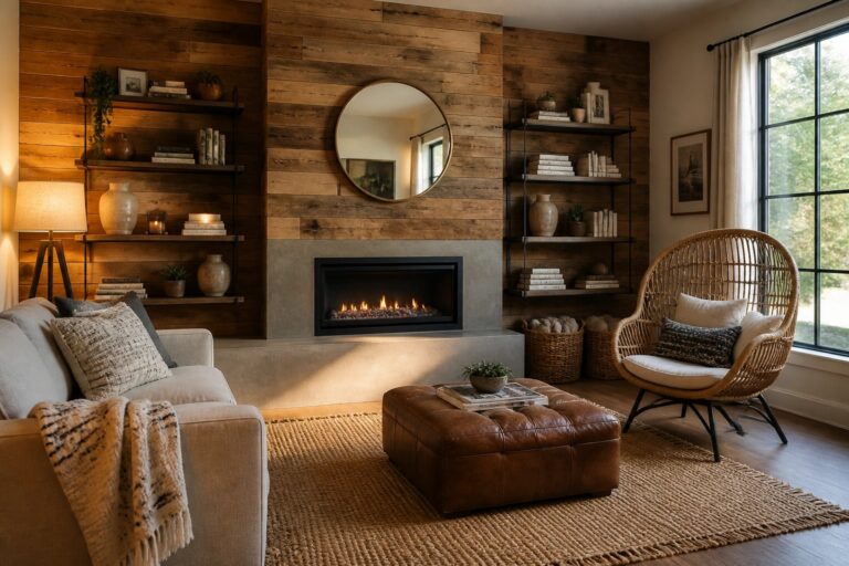 18 Warm Pallet Accent Wall Ideas That Add Rustic Texture Without Overwhelming the Room A living room with a horizontal wood plank accent wall, built-in shelves, a round mirror above a concrete fireplace, a beige sofa, brown leather ottoman, and woven chair on a jute rug.