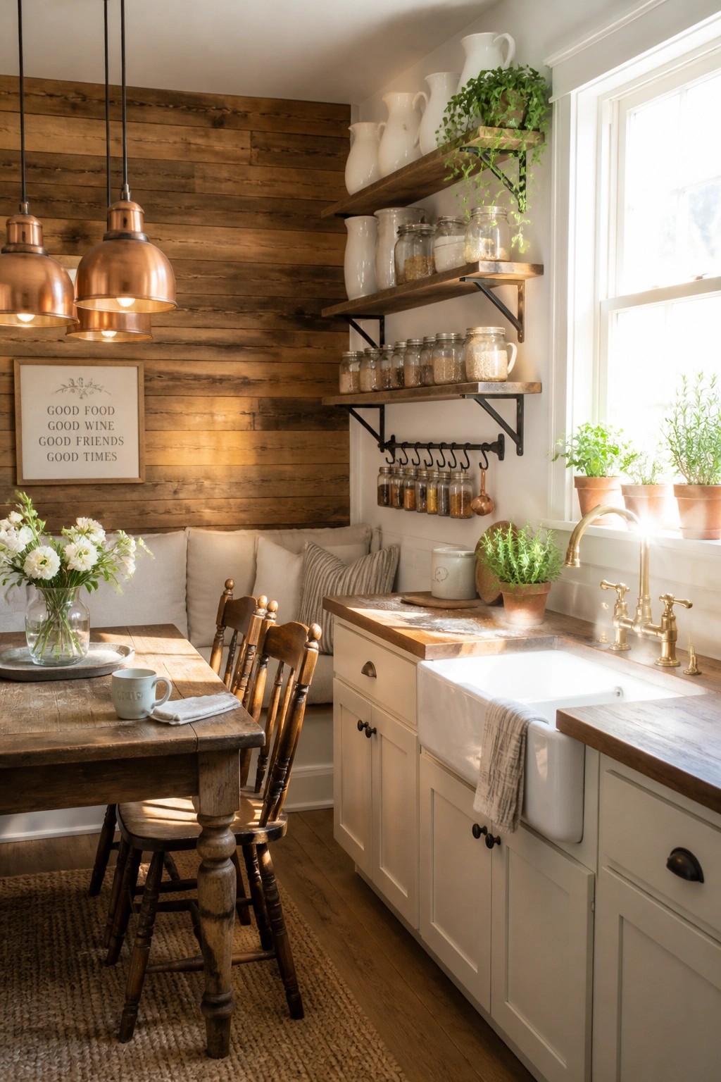 A kitchen dining area featuring a horizontal wood plank accent wall, white cabinets, a farmhouse sink, open shelving, and a wooden dining table with chairs.