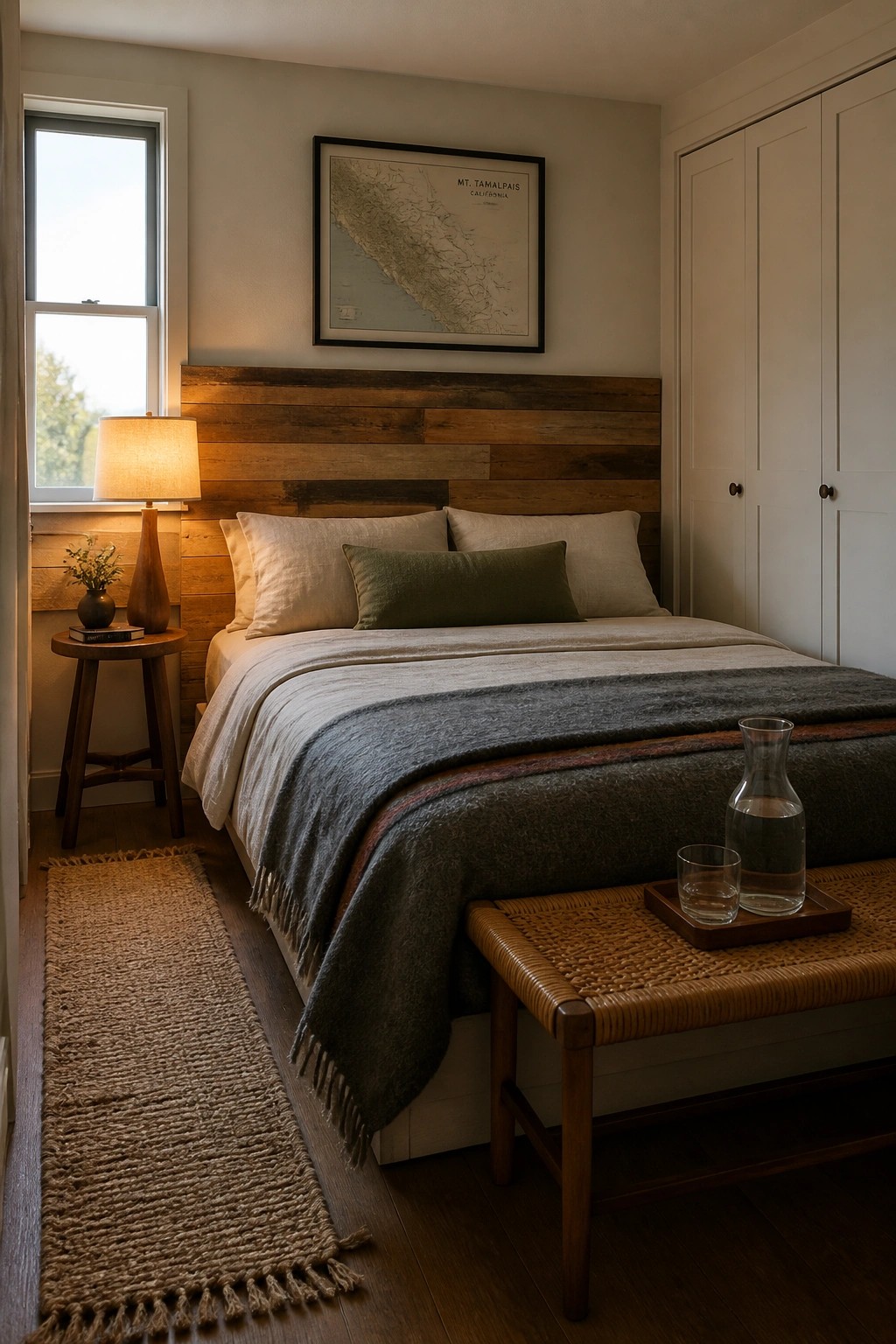 A bedroom with a bed dressed in neutral linens positioned against a horizontal wooden plank accent wall, topped with a framed map and a window to the left.