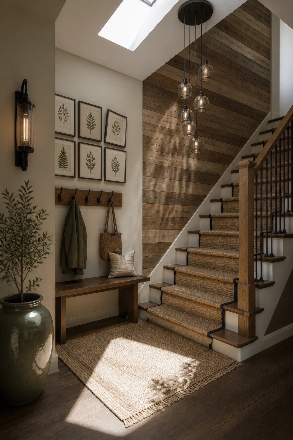 Interior stairwell featuring a horizontal wood plank accent wall, woven stair runner, wooden bench with hooks, and multiple glass pendant lights.