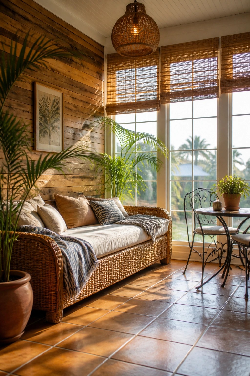 A sunlit room with a horizontal wood plank accent wall behind a wicker sofa, large windows with bamboo shades, and potted plants on a terracotta tile floor.