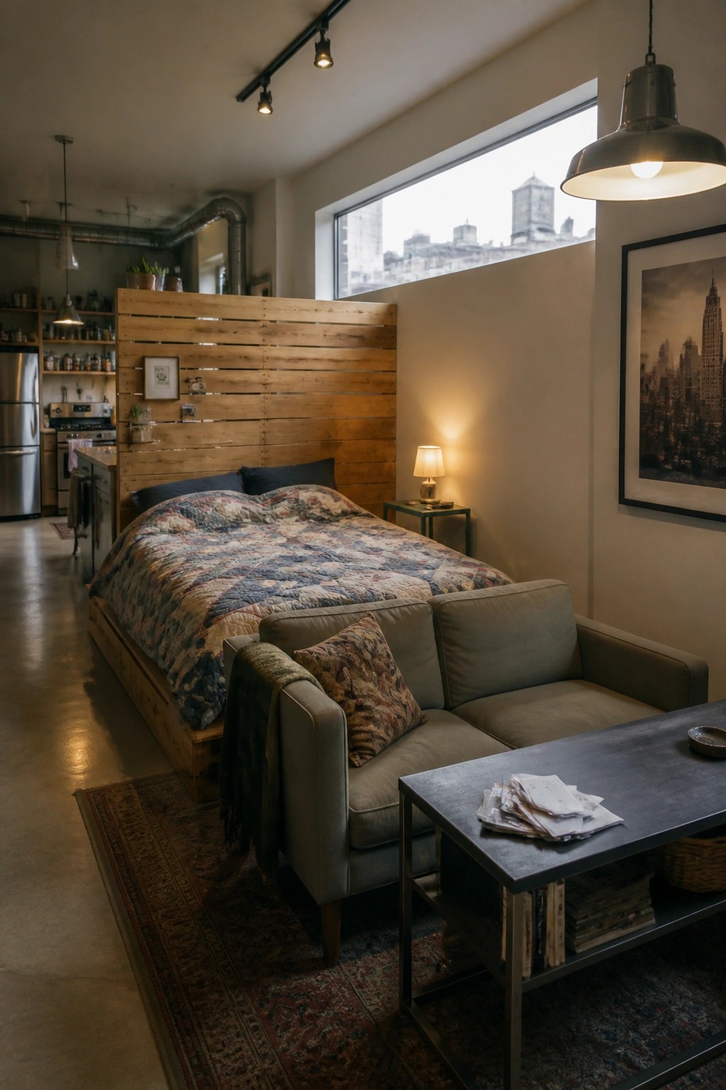 A bedroom with a bed placed against a horizontal wooden pallet accent wall, a gray sofa in front, and a large window to the right.