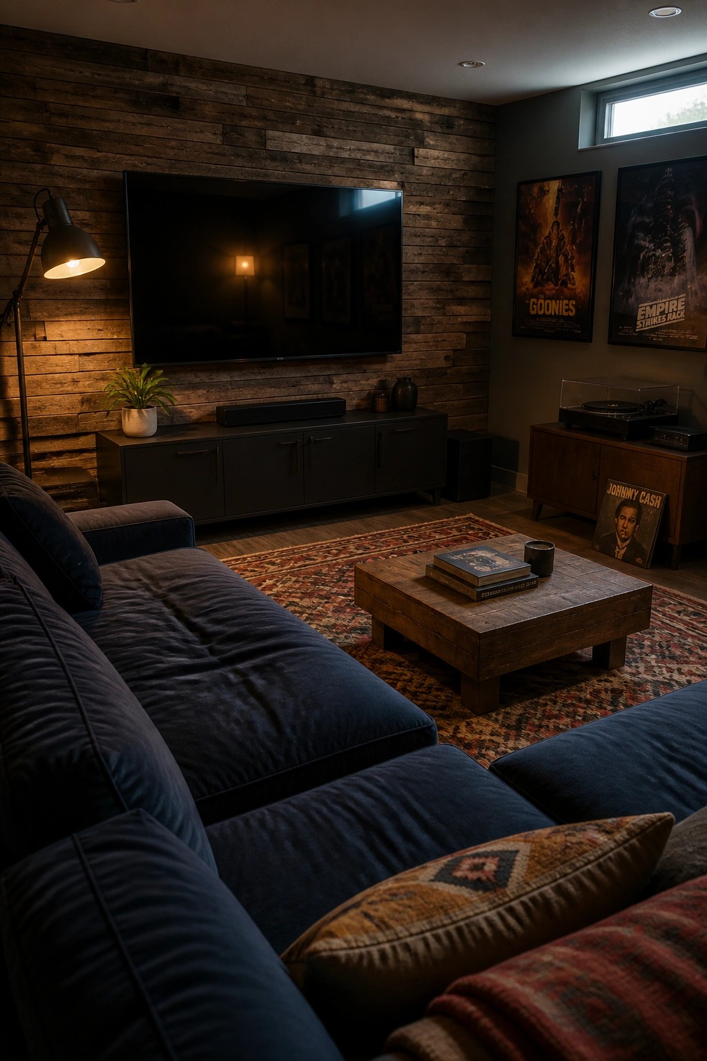 Cozy living room with navy sofa, wood coffee table, TV on paneled wall, and movie posters.