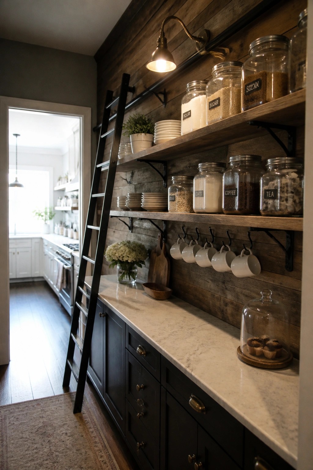 A kitchen area with a vertical wood plank accent wall, open wooden shelves holding glass jars, white mugs on hooks, and a black ladder leaning against the wall.