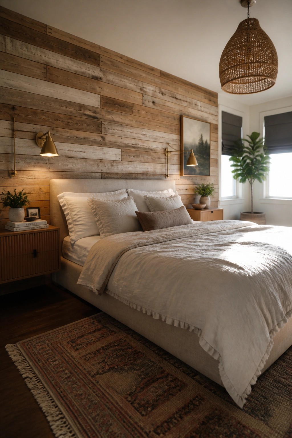 Cozy bedroom with reclaimed wood wall, cream bedding, woven pendant light, and rug