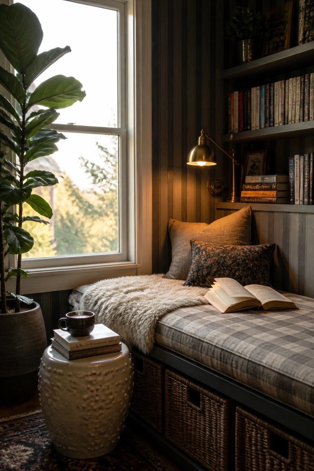A window seat nook with a dark vertically striped accent wall, plaid cushion, open book, fur throw, and potted plant beside it.