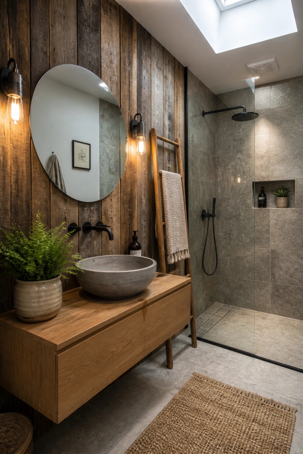 A modern bathroom featuring a vertical reclaimed wood accent wall with a round mirror, wall sconces, concrete vessel sink on a floating wood vanity, and a glass shower with gray tiles.