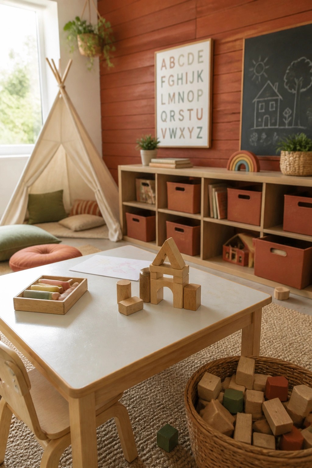 A children's playroom with a red wooden accent wall, alphabet art, chalkboard, low table with wooden blocks, teepee, and storage shelves.