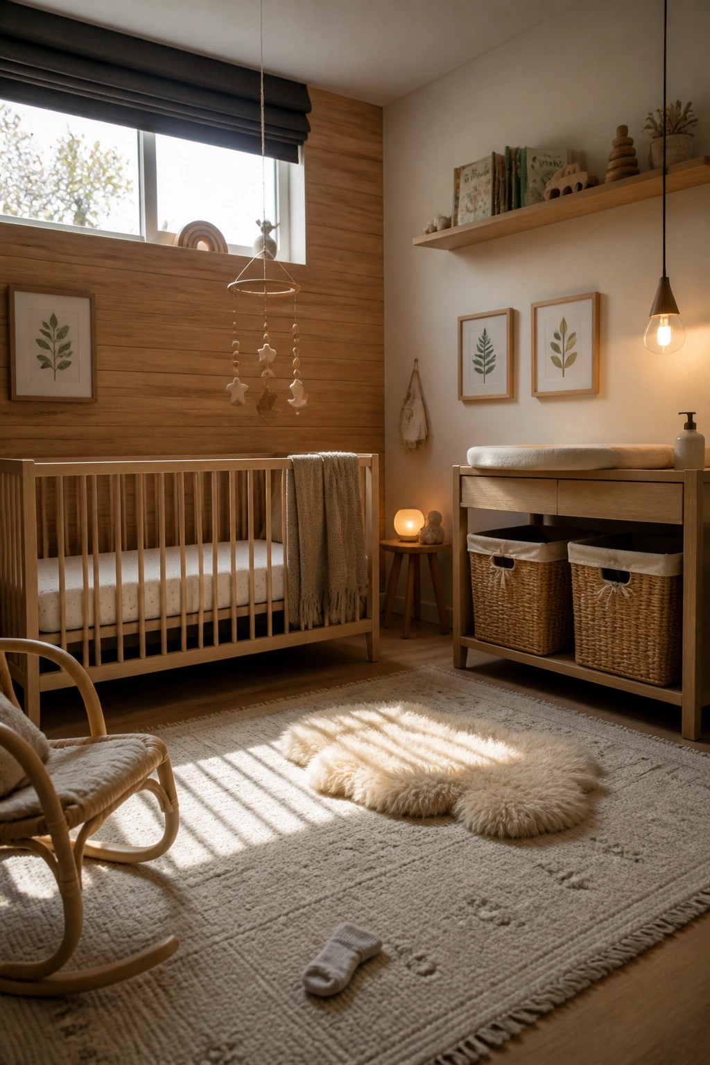 A nursery with a light wood accent wall behind a wooden crib, a woven rug on the floor, and a changing table with storage baskets.