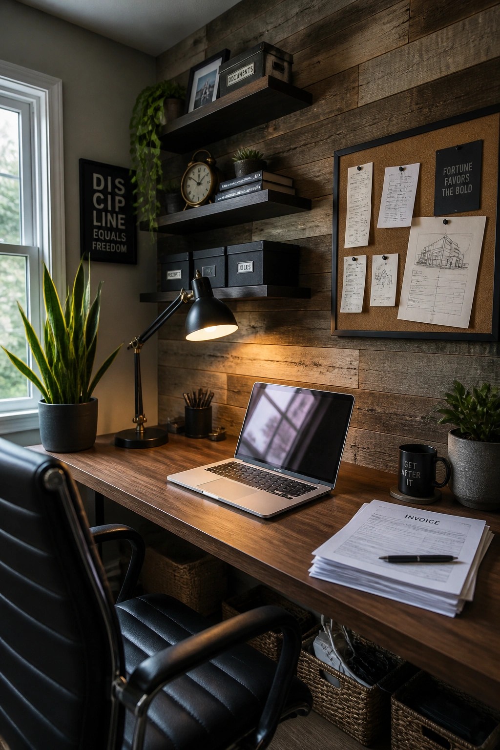 A home office featuring a reclaimed wood accent wall behind a wooden desk with a laptop, black desk lamp, black office chair, and various office items.