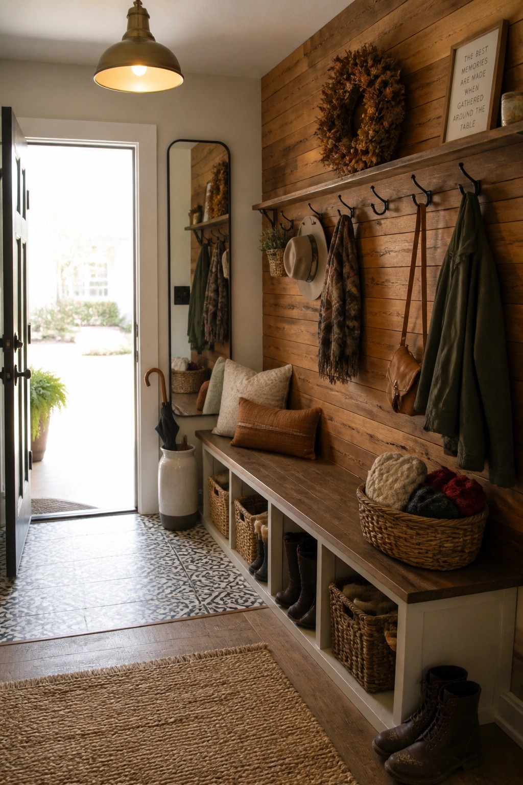 An interior entryway with a horizontal wood plank accent wall, black hooks, a built-in bench with storage baskets, and boots on the floor beside an open door.