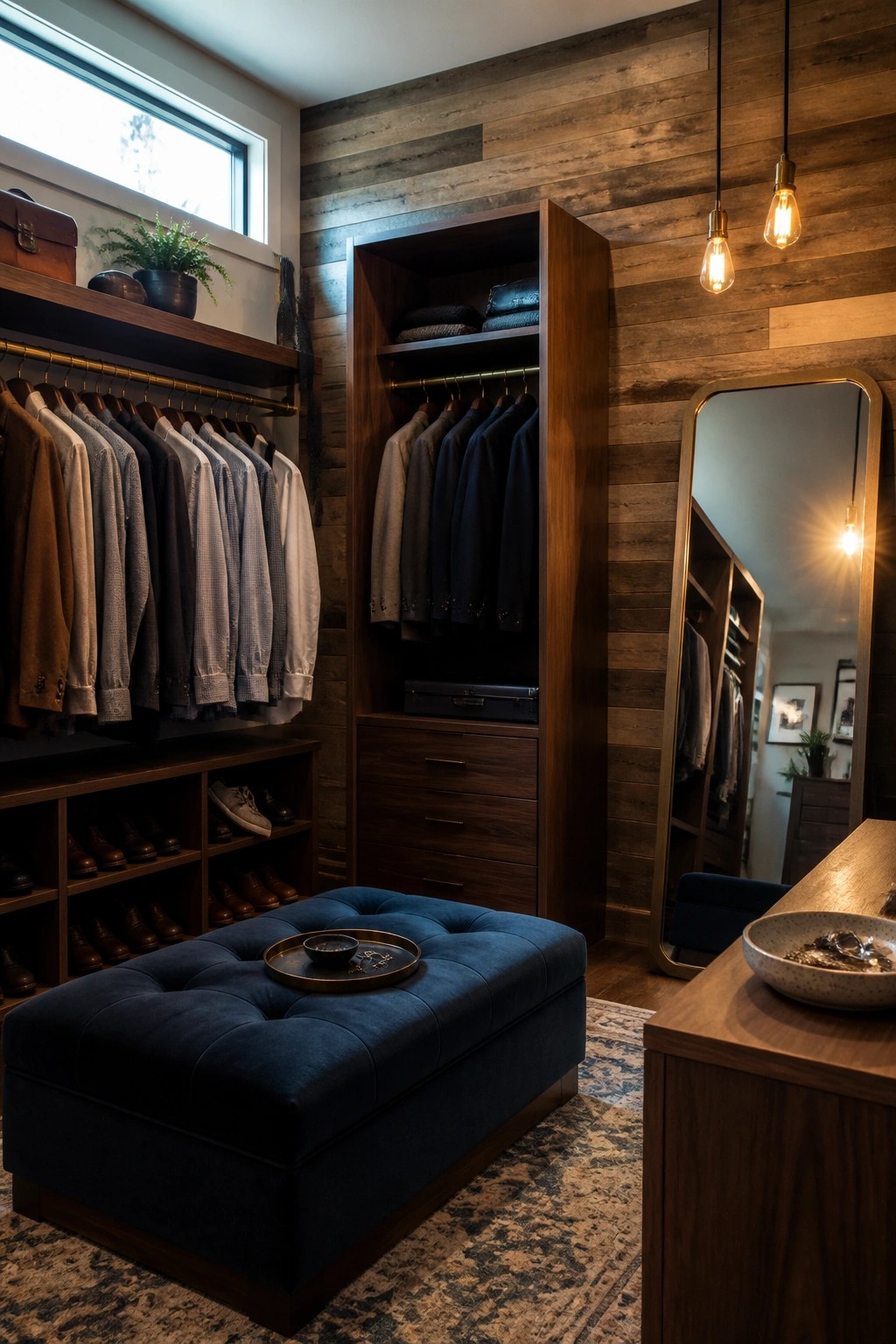 A walk-in closet with a horizontal wood plank accent wall, open shelving holding folded clothes, hanging shirts, a blue ottoman, and a large mirror on the right.