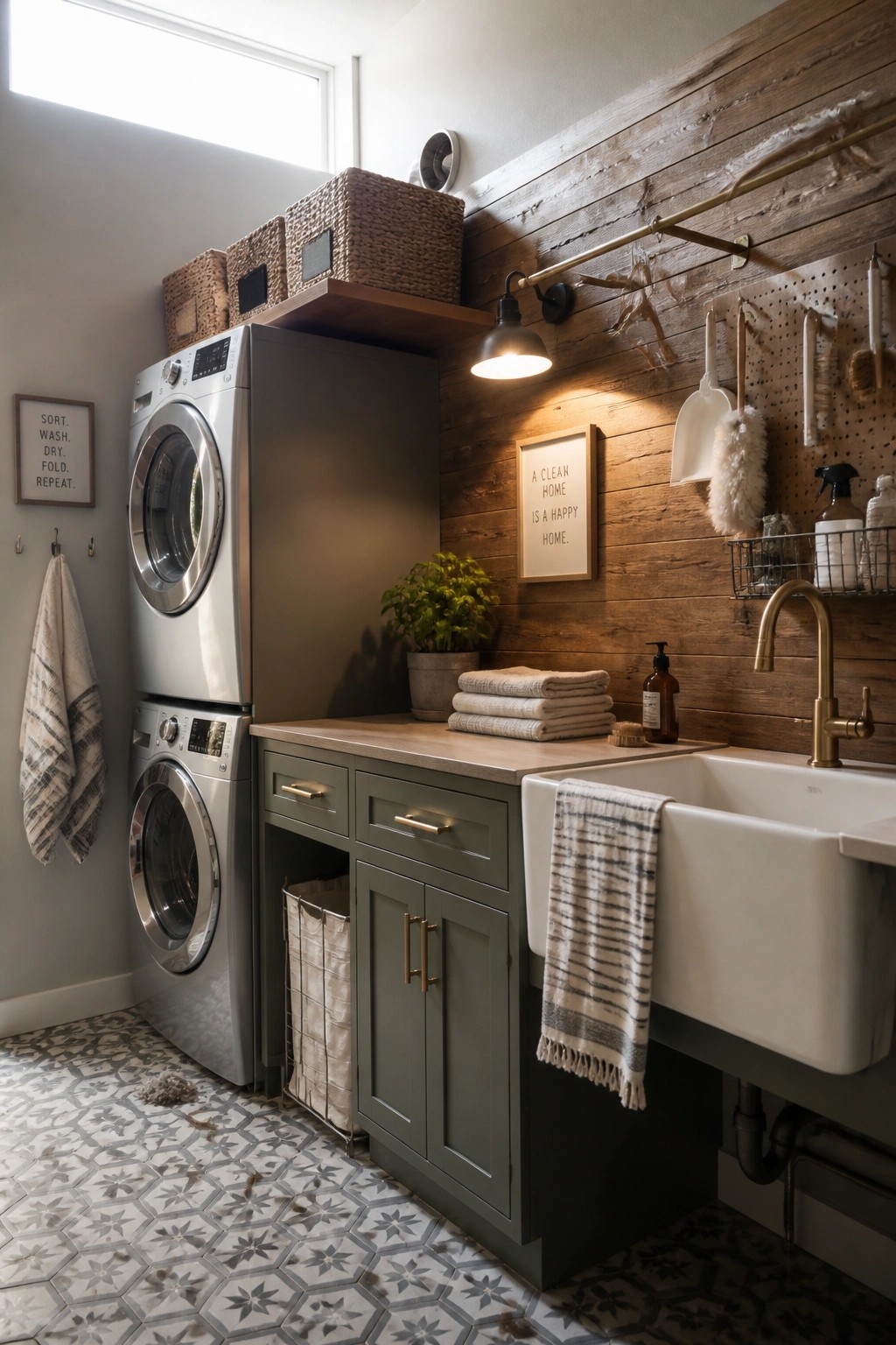 Laundry room interior showing a reclaimed wood accent wall above a white farmhouse sink with green cabinets and stacked washer and dryer units.
