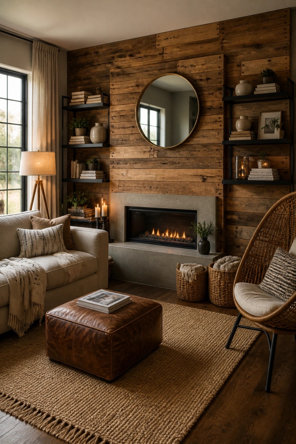 A living room with a horizontal wood plank accent wall, built-in shelves, a round mirror above a concrete fireplace, a beige sofa, brown leather ottoman, and woven chair on a jute rug.