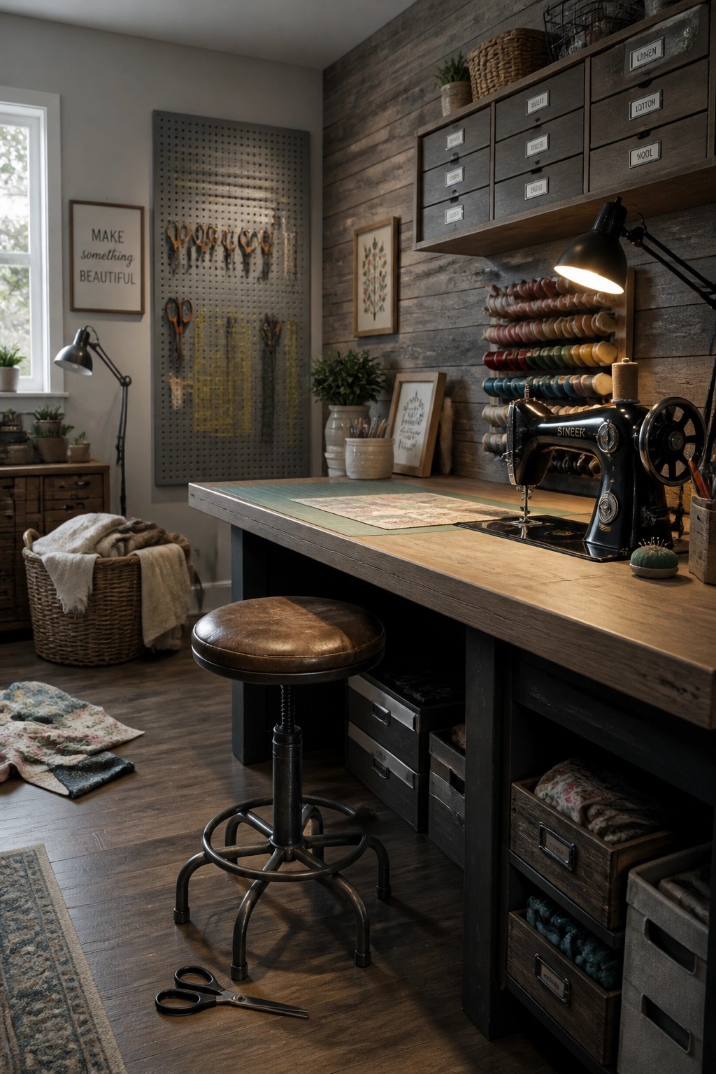 A craft room with a large wooden work table holding a vintage sewing machine in front of a horizontal wood plank accent wall.