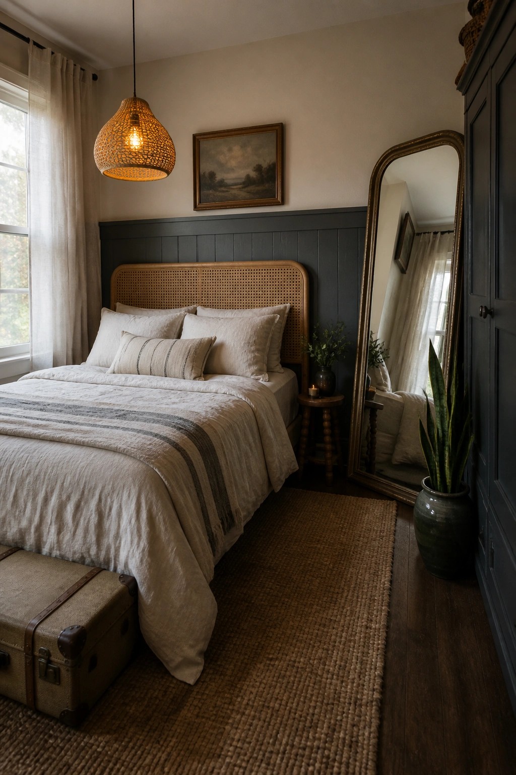 A bedroom with a bed against a dark vertical wood paneled wall, neutral bedding, a woven pendant light, and a tall mirror to the right.