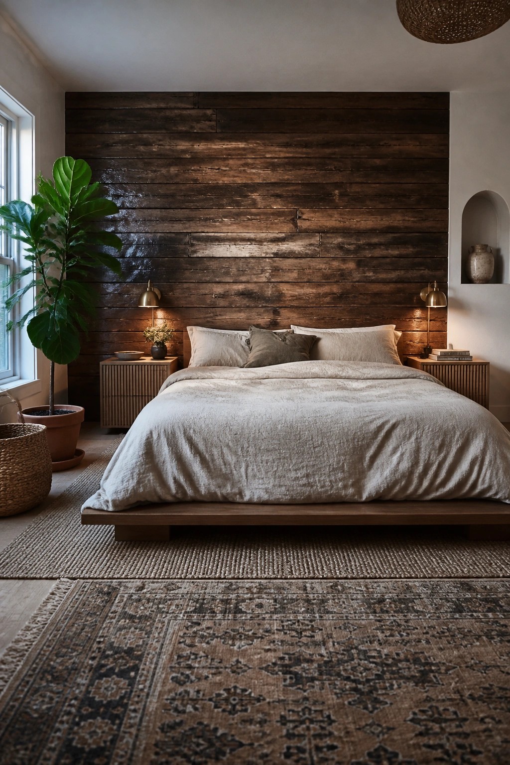 A bedroom with a platform bed dressed in light neutral bedding against a dark horizontal wood plank accent wall, with matching wood nightstands and a large potted plant beside a window.