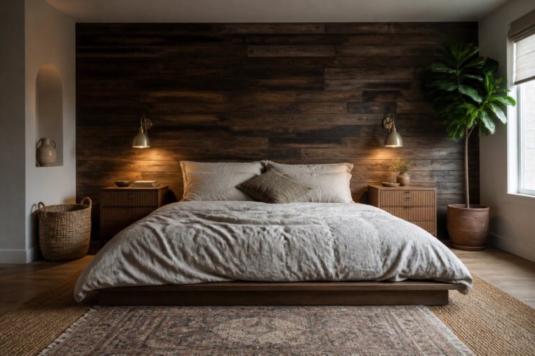 19 Cozy Pallet Wood Wall Ideas for Bedrooms, Living Rooms, and Reading Corners A bedroom with a platform bed dressed in light neutral bedding against a dark horizontal wood plank accent wall, with matching wood nightstands and a large potted plant beside a window.
