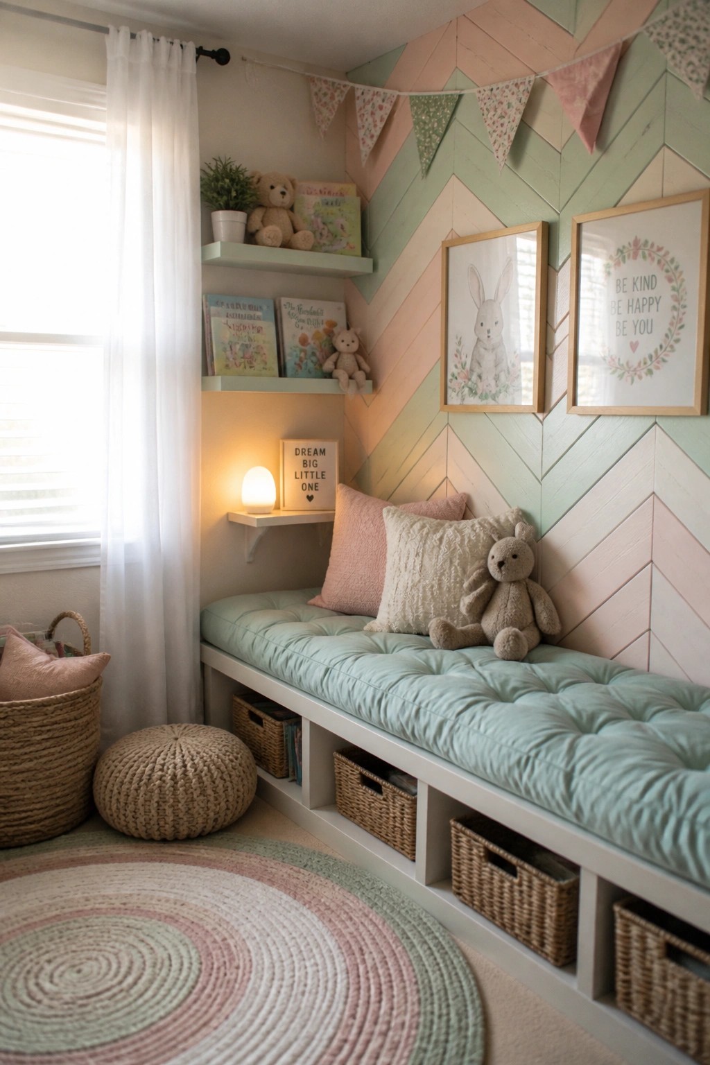 A child's reading nook features a pastel herringbone pallet wood accent wall, a built-in cushioned bench with storage baskets underneath, floating shelves holding books and small toys, framed art, and a round woven rug on the floor.