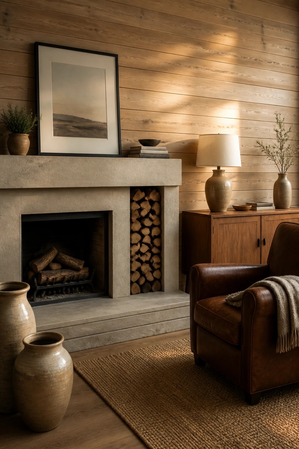 A living room interior featuring a concrete fireplace with stacked firewood, a brown leather armchair, and a full wall of horizontal light wood planks.