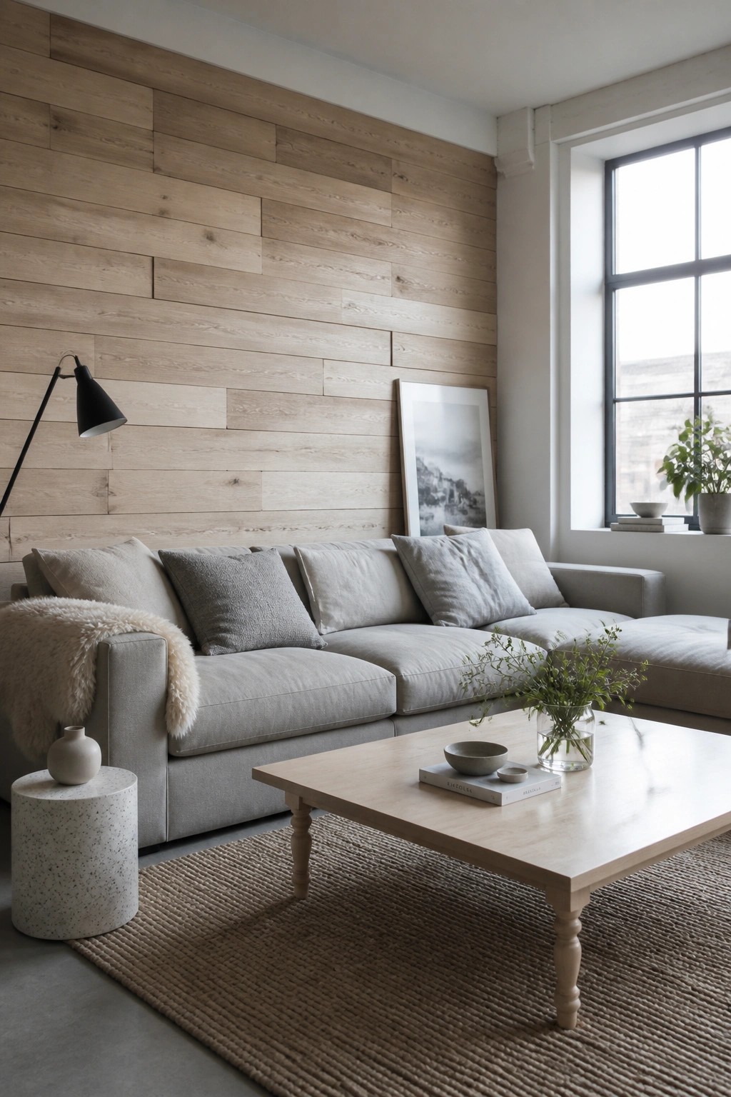 A living room with a light wood plank accent wall behind a gray sectional sofa and a wooden coffee table on a woven rug.