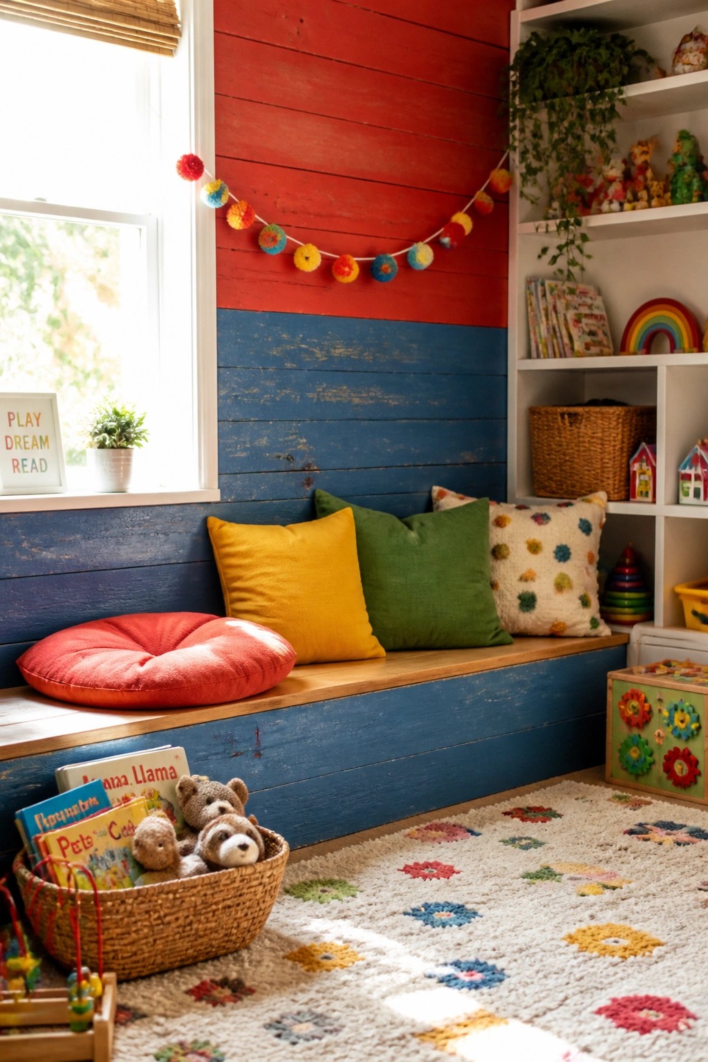 A colorful reading nook with a red and blue painted pallet wood wall, built-in bench with pillows, books and toys on the floor, and white shelves on the right.