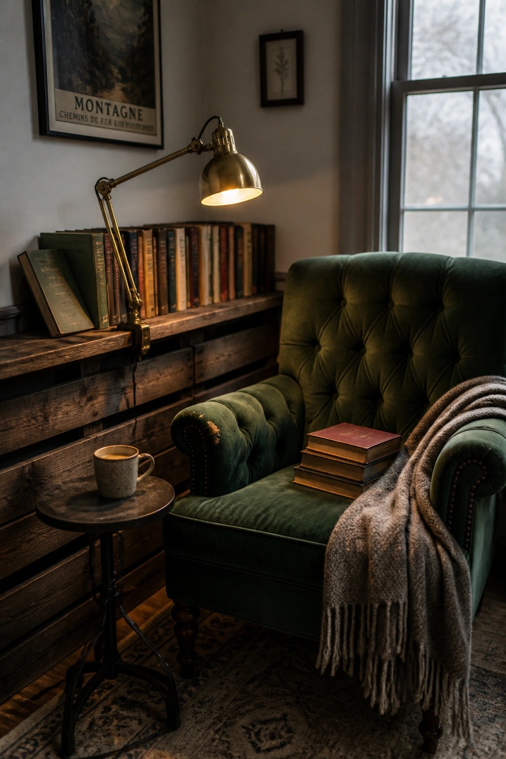Green velvet armchair with books under lit brass lamp beside snowy window