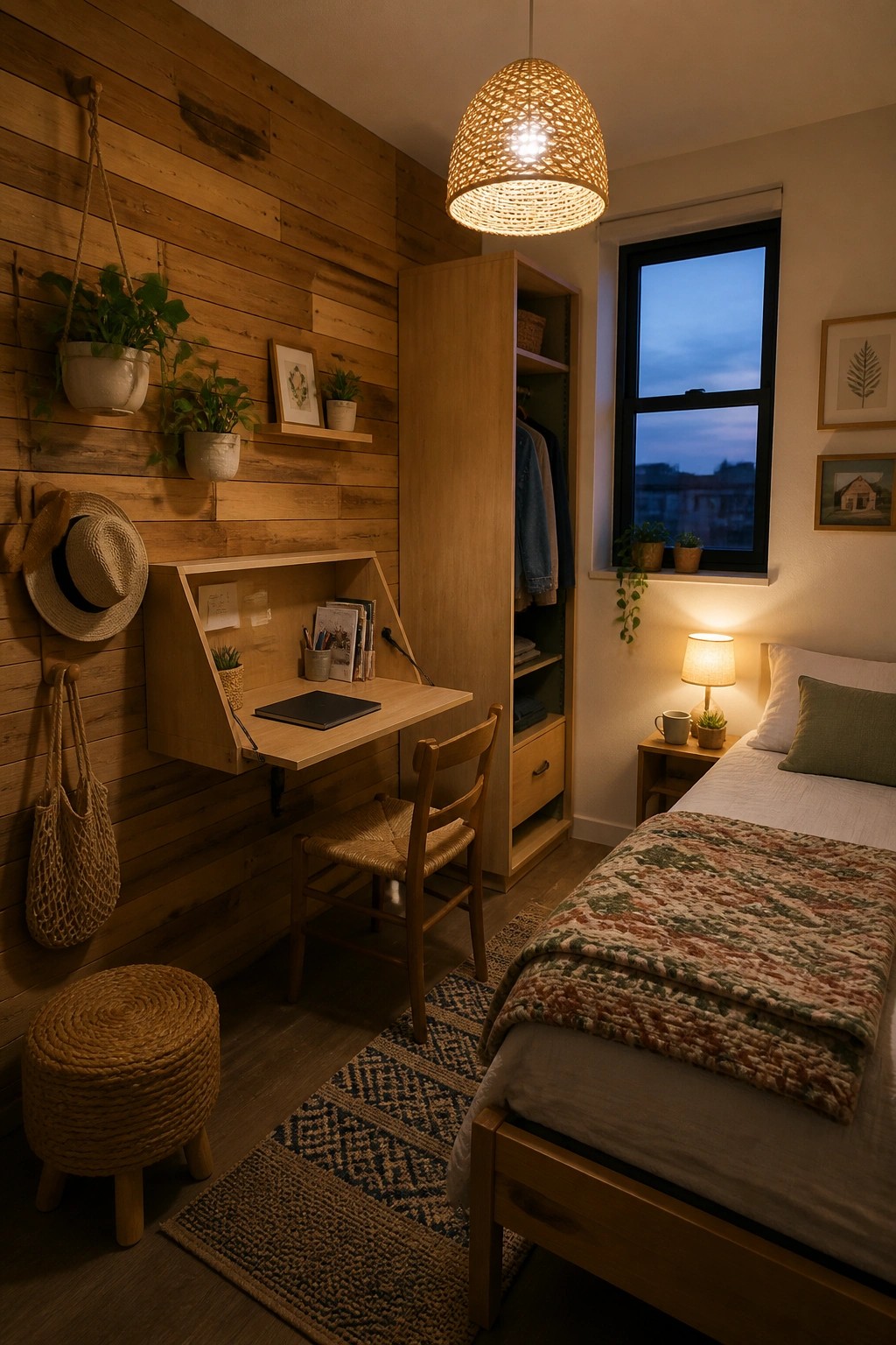 A bedroom with vertical wood plank walls, a fold-down desk, woven chair, hanging plants, and a bed next to a window.