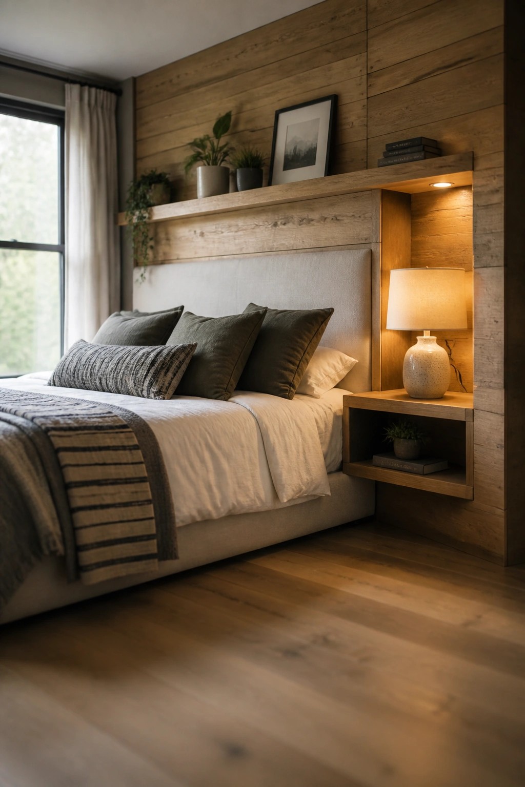 A bedroom featuring a bed with white and gray bedding positioned against a wall of horizontal light wood planks, with a built-in upper shelf holding plants and books and a lit recessed niche containing a table lamp.