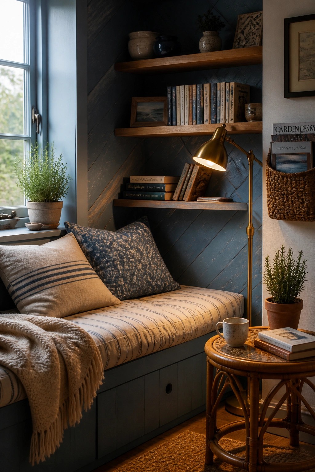 Cozy reading nook with dark chevron wood walls, built-in bench with striped cushion and pillows, wooden shelves above, and brass floor lamp.
