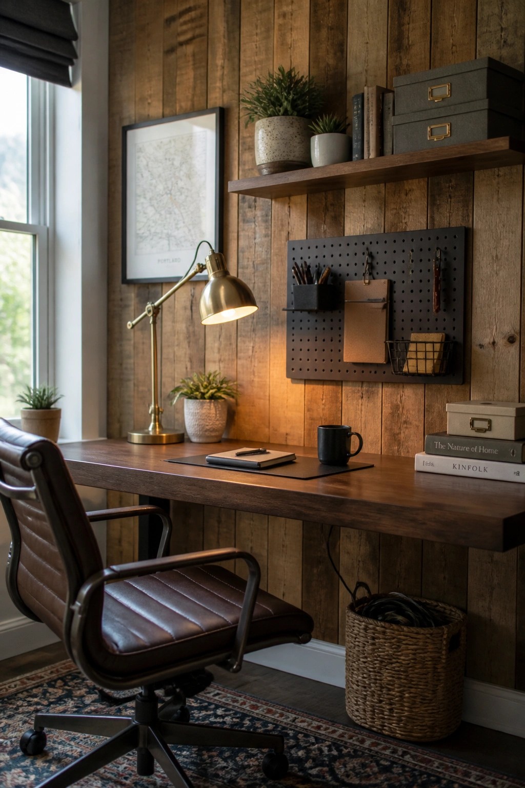 A home office featuring a reclaimed wood plank wall, wooden desk with leather chair, brass lamp, pegboard organizer, and floating shelf.