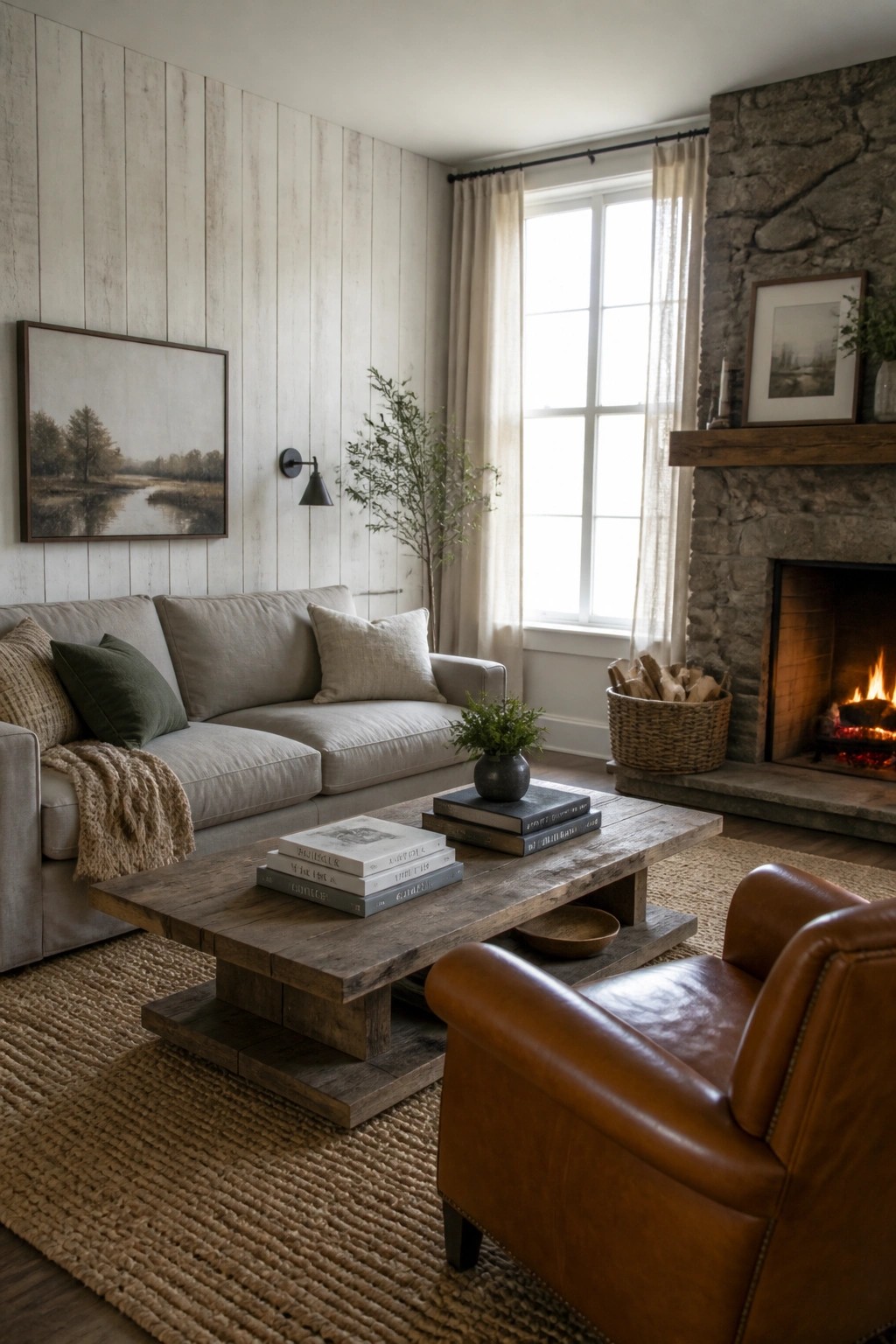 A living room with vertical light wood planks on one wall, a beige sofa, wooden coffee table with books, brown leather chair, and stone fireplace to the right.
