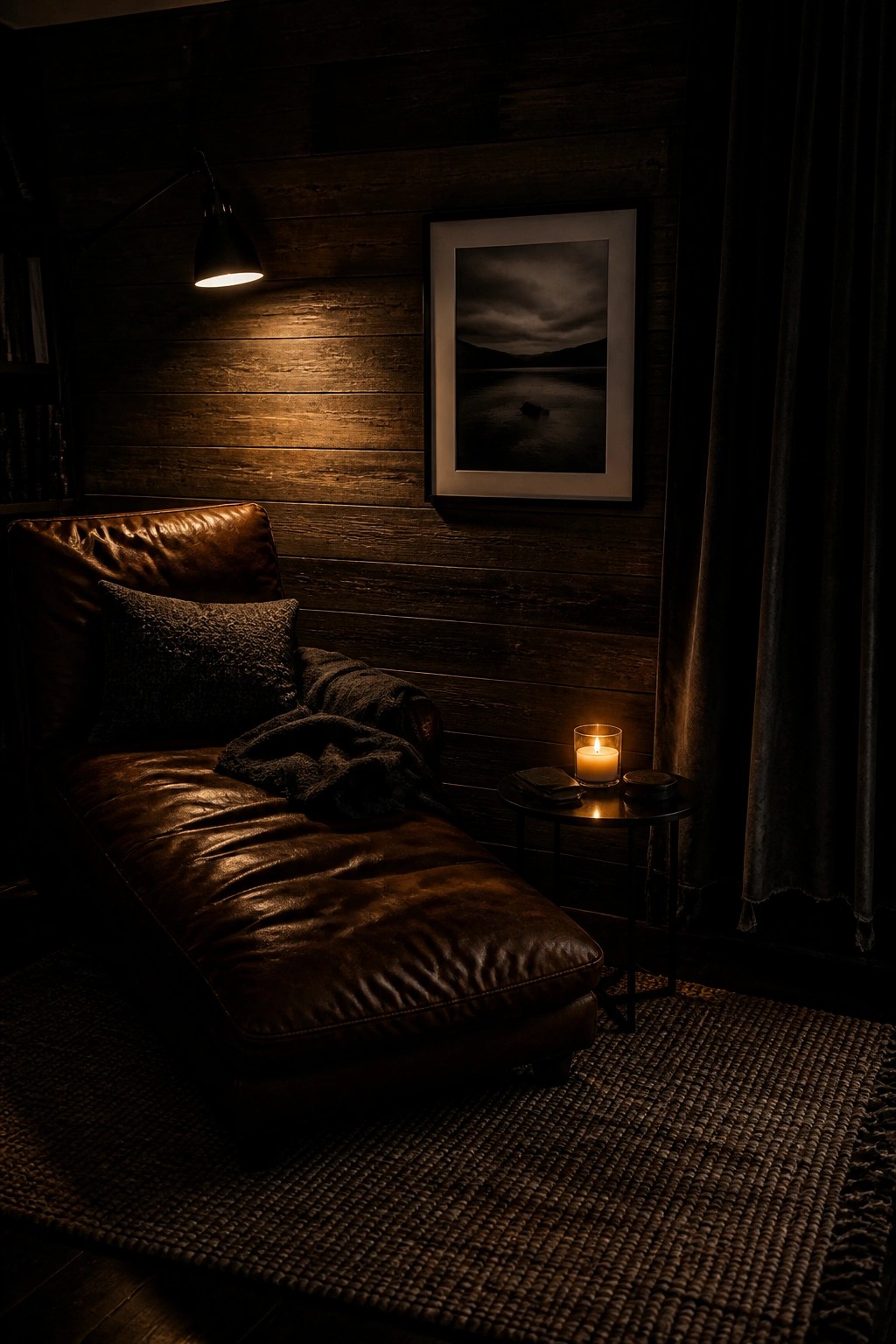 Brown leather chaise with lit candle on table in dark wood room.