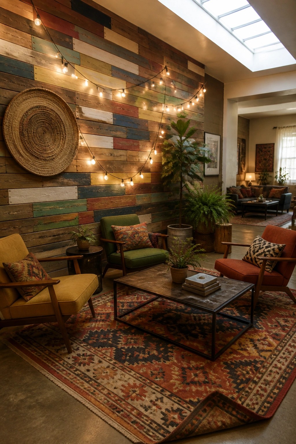 A living room with a large multicolored pallet wood accent wall, string lights, two armchairs, a coffee table on a patterned rug, and potted plants.