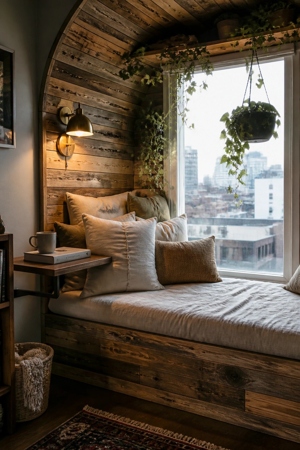 A built-in window seat with pillows against horizontal reclaimed wood planks, a wall sconce, hanging plants, and a city view through the window.