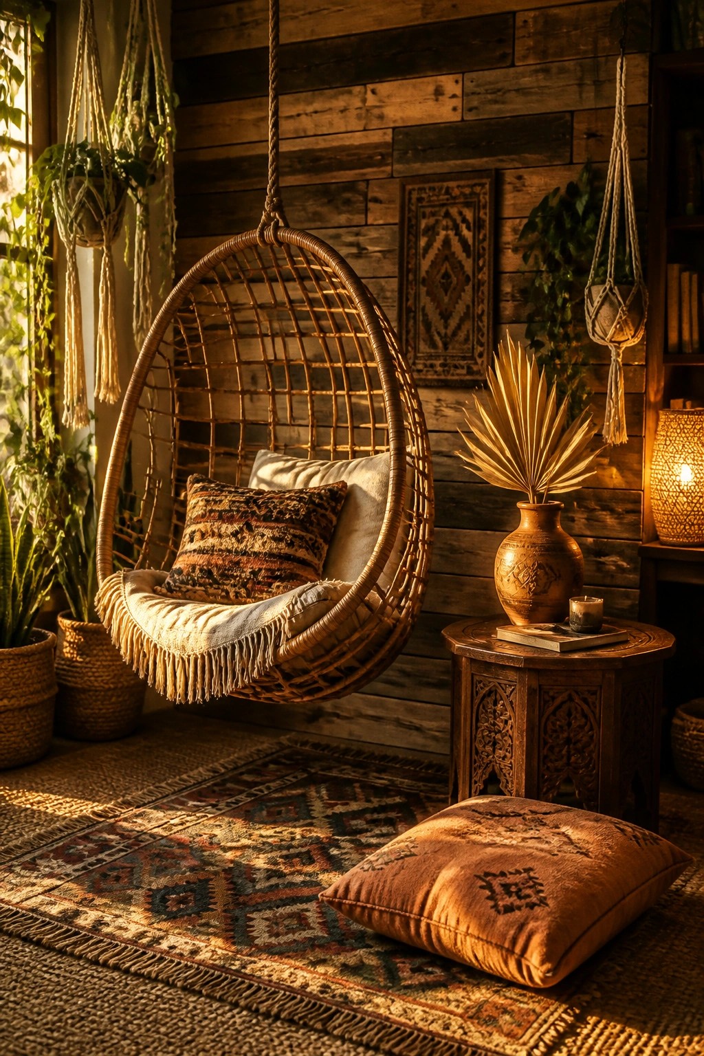 A hanging wicker chair with pillows is positioned in front of a horizontal wooden plank wall, next to a small wooden table and a patterned rug on the floor.