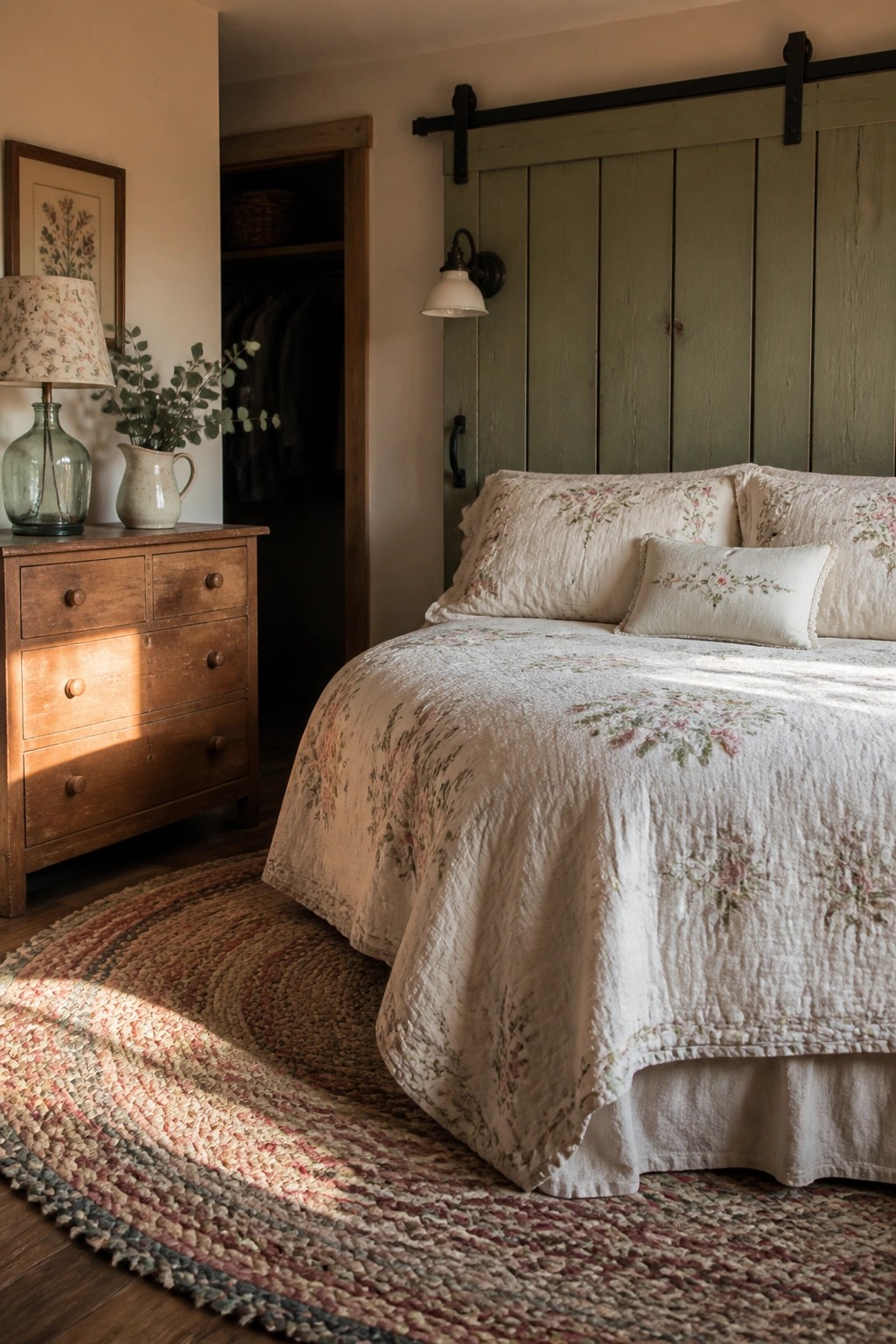 A bedroom featuring a bed positioned against a green vertical-plank sliding barn door, with a wooden dresser on the left and a braided rug on the floor.