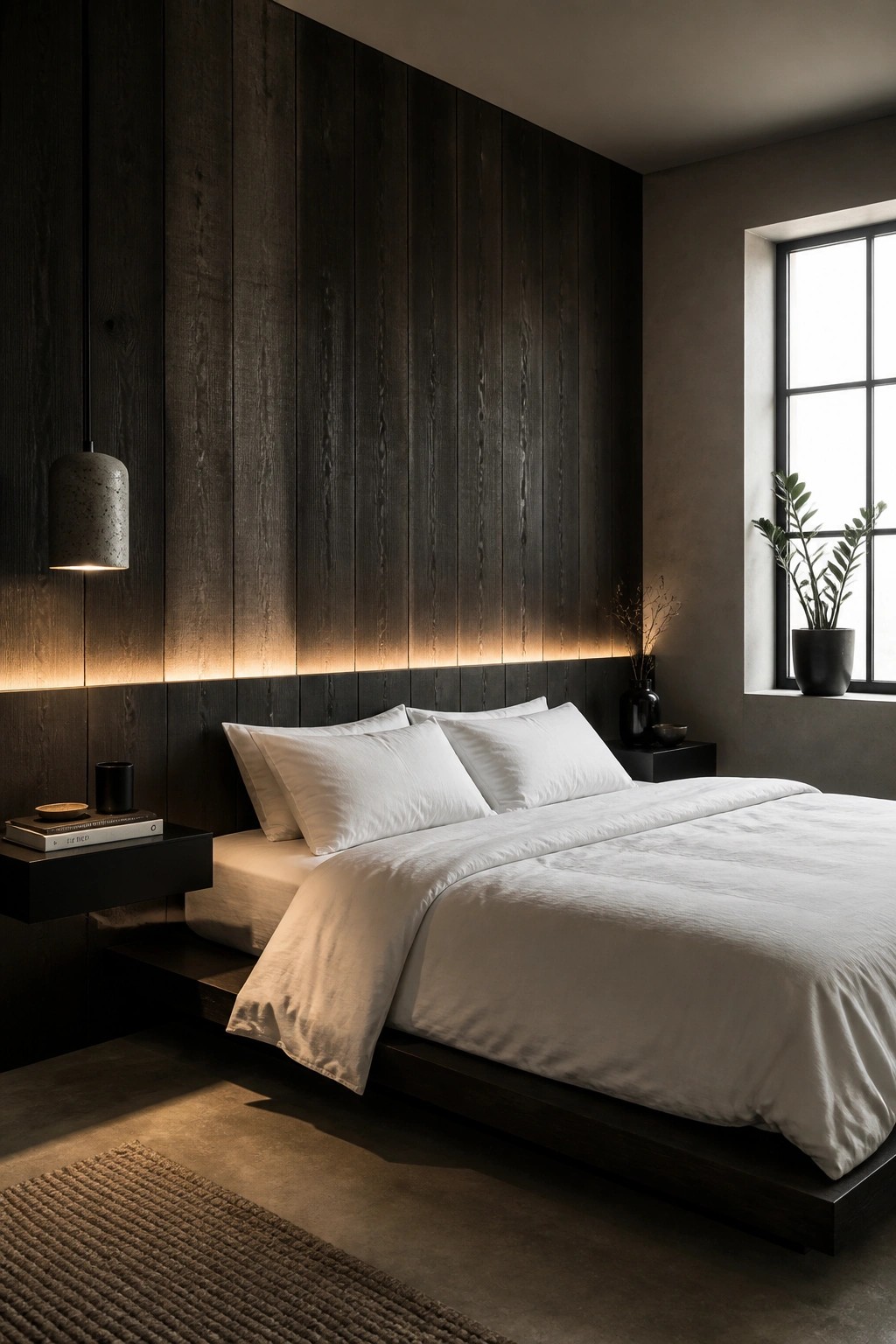 A bedroom featuring a dark vertical wood plank accent wall behind a bed with white linens, floating nightstands, and a window with a potted plant on the sill.