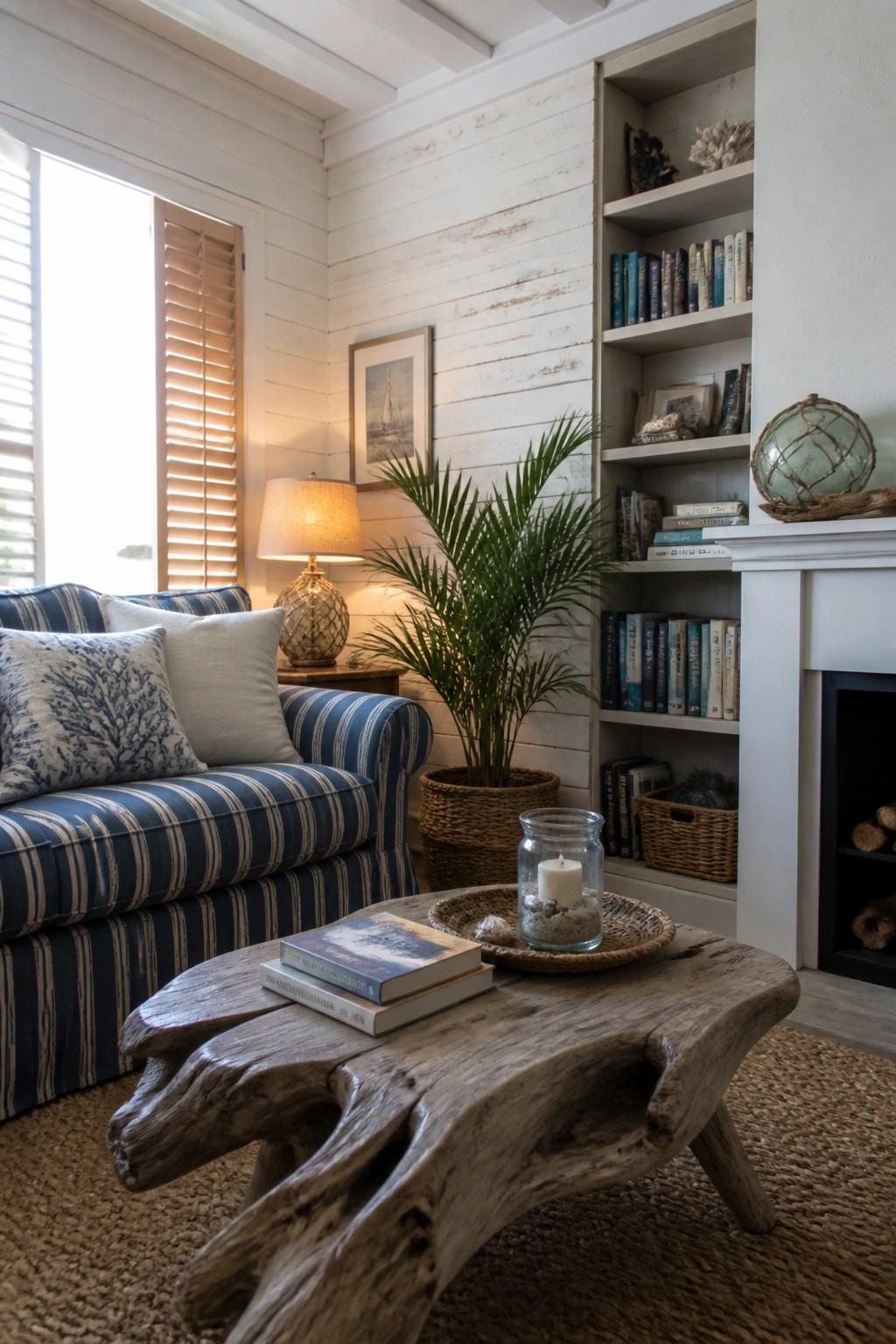 A cozy living room corner featuring whitewashed wood plank walls, a blue striped sofa, built-in bookshelves, and a rustic wooden coffee table on a woven rug.