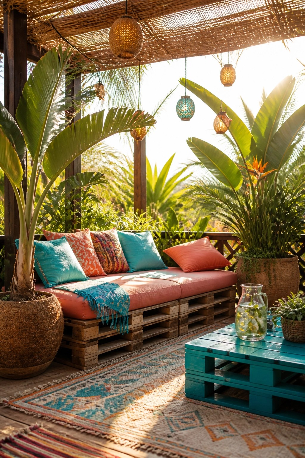 A covered patio with a large sofa built from wooden pallets, coral cushions, colorful pillows, a teal pallet table, and hanging lanterns.