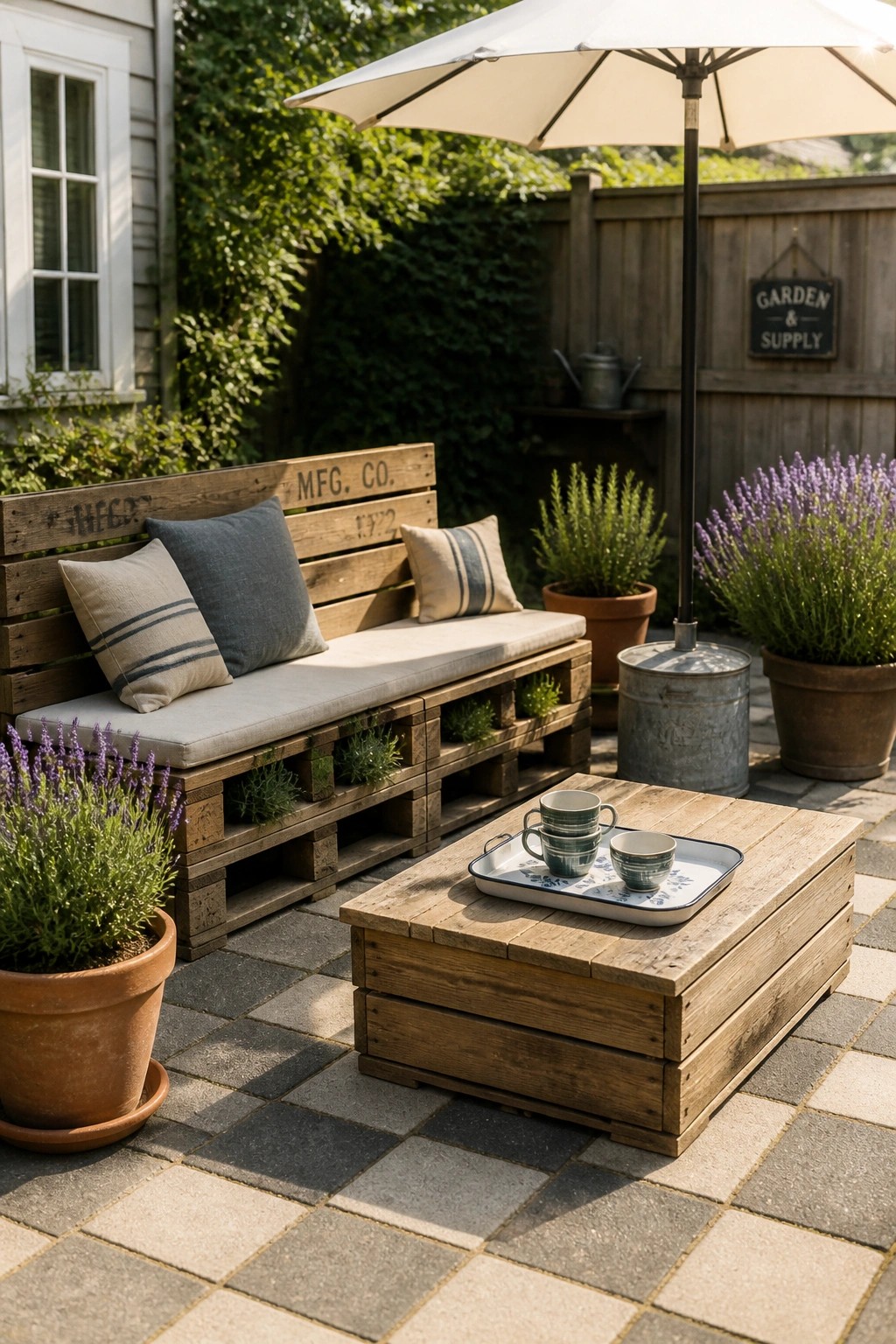 A wooden pallet bench with cushions sits next to a matching pallet coffee table holding a tray of cups on a stone patio with potted plants and an umbrella.