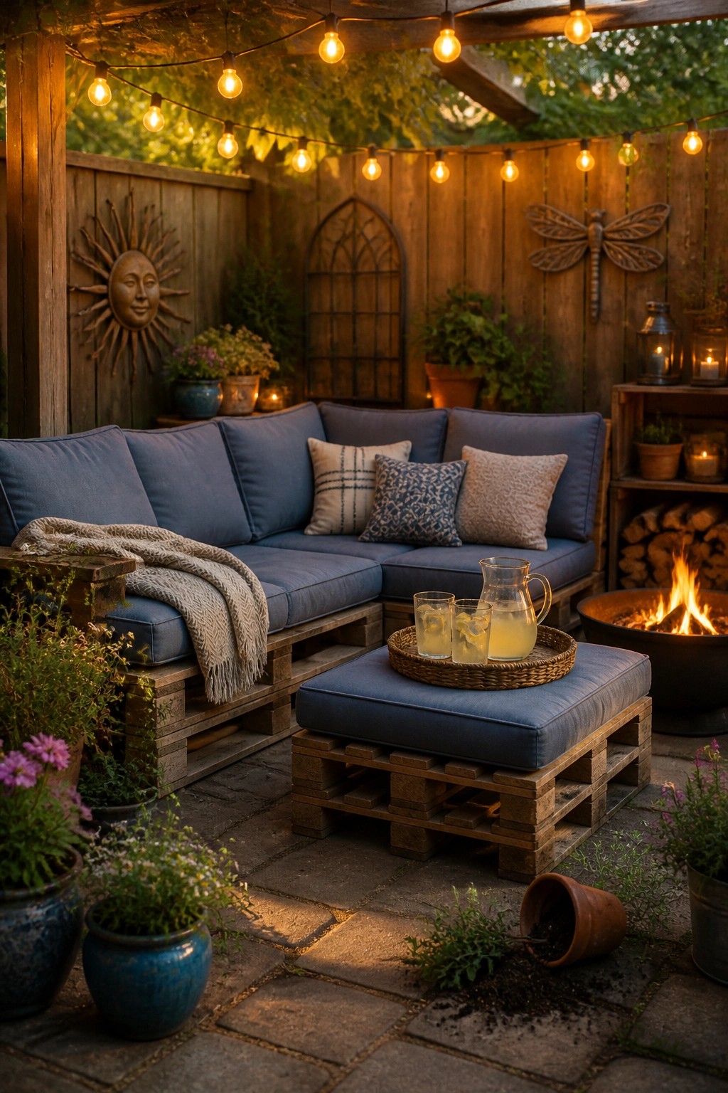 An outdoor patio corner with a blue cushioned pallet sectional sofa, matching ottoman, string lights overhead, and a fire pit nearby.