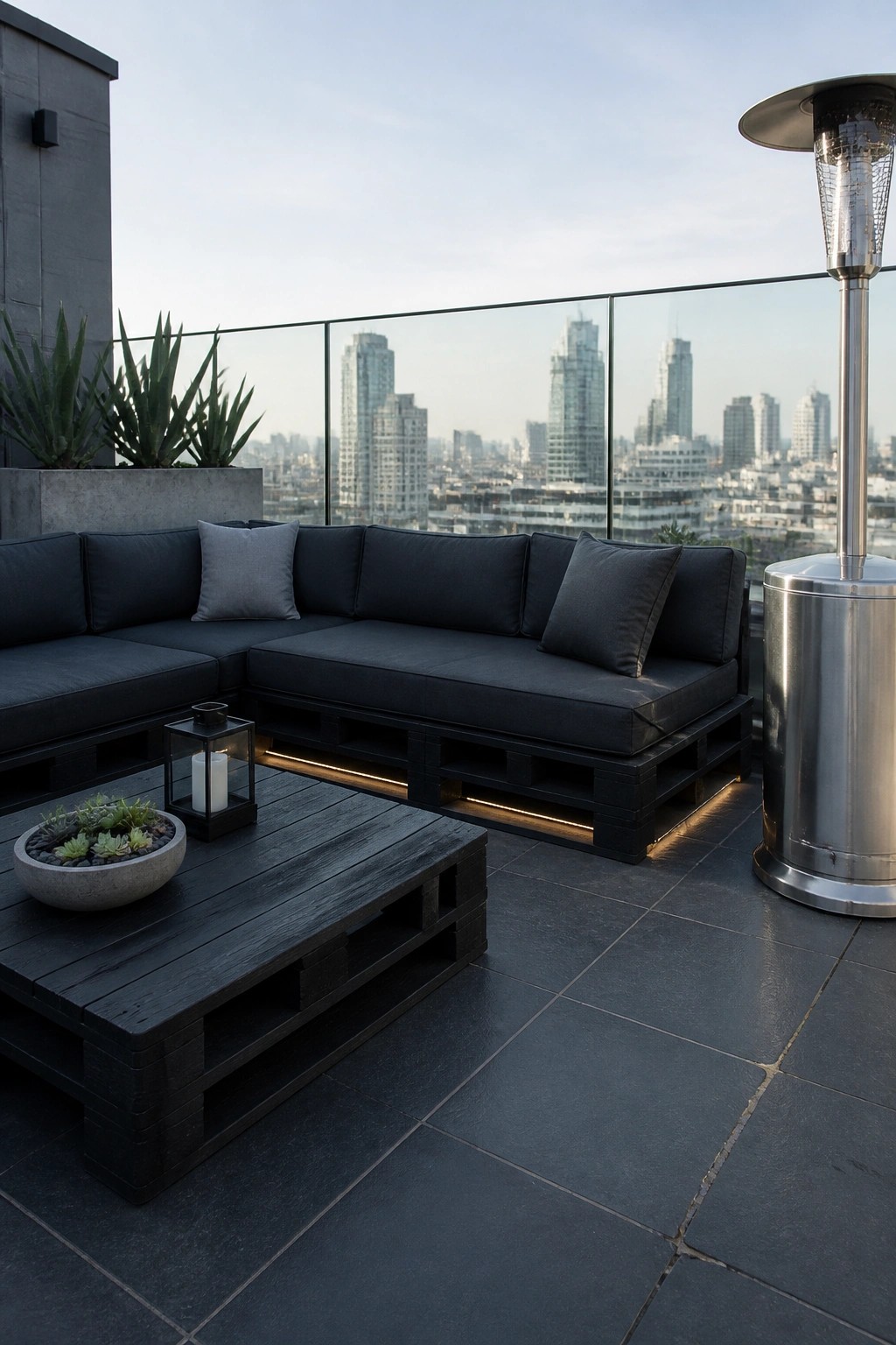 Modern black pallet sofa and table on rooftop terrace overlooking city skyline