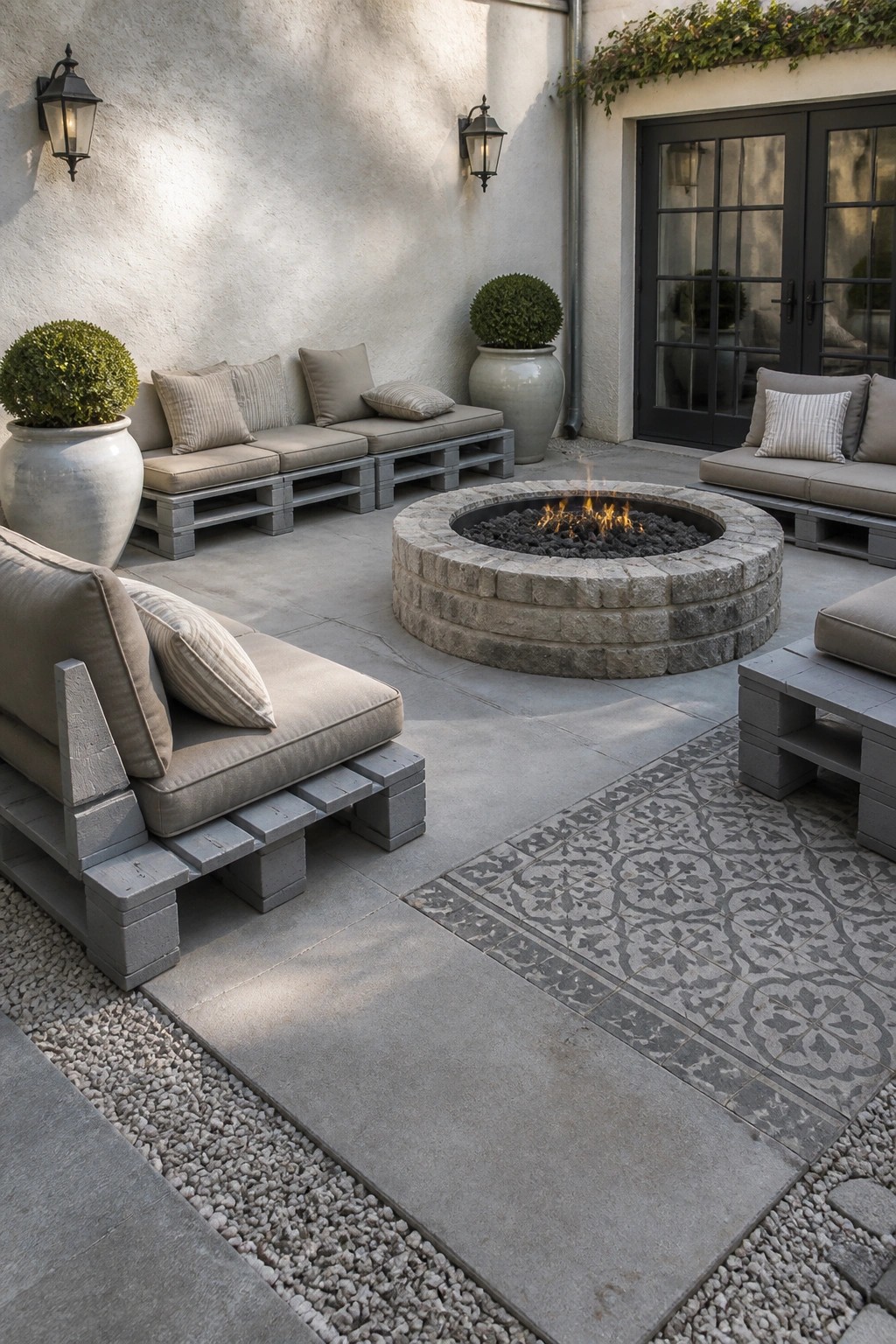 Outdoor patio with gray pallet seating arranged in a loose circle around a round stone fire pit on concrete with a patterned tile rug.