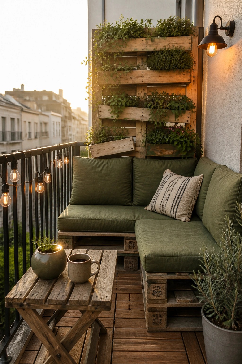 A small balcony with green cushioned seating and backrests built from wooden pallets, a low pallet table holding a mug and potted plant, string lights along the railing, and a vertical pallet planter mounted on the wall.
