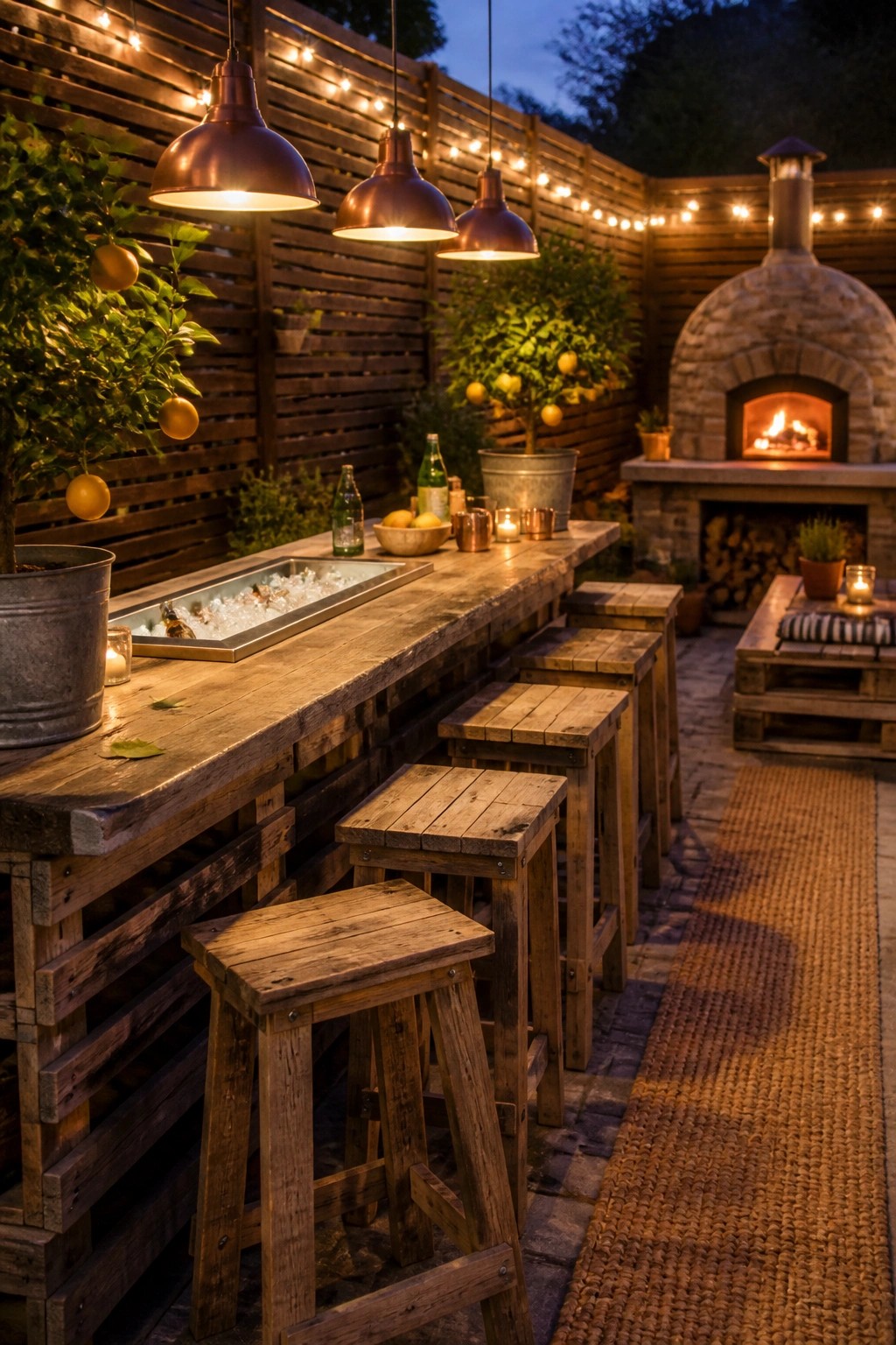 A wooden pallet bar with stools sits on a patio beside a lit stone pizza oven, with hanging copper lights and potted citrus trees nearby.